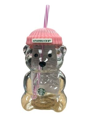 Starbucks Pink Bear Shaped Clear Tumbler with Striped Straw